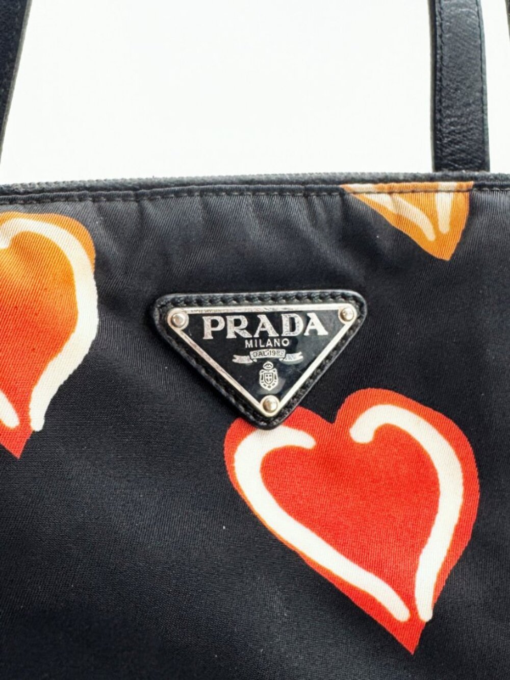 Prada Black Nylon Heart Print Tote Bag Red Orange Hearts Shoulder Bag - Picture 8 of 13